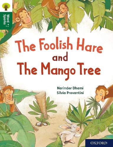 Book cover: monkeys, hare, and mango tree illustration, colorful and whimsical.
