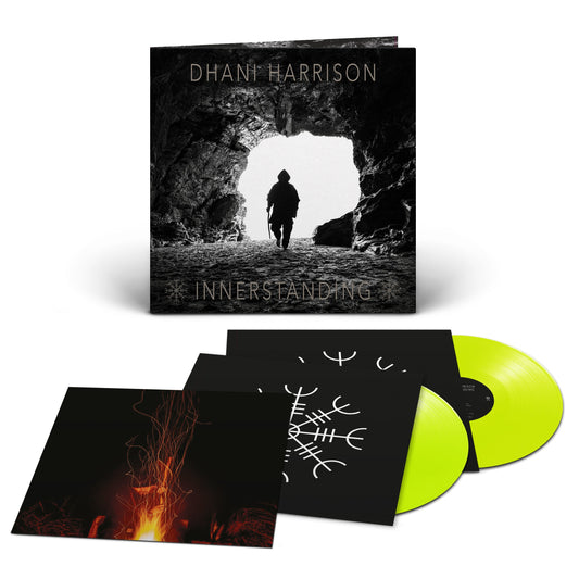 Dhani Harrison's "INNERSTANDING" neon yellow vinyl LP with album artwork and inserts.