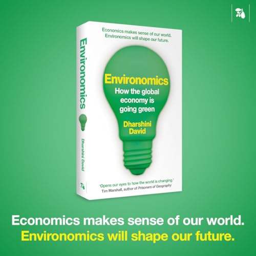 Book cover for Environomics by Dharshini David featuring a green lightbulb on white background.
