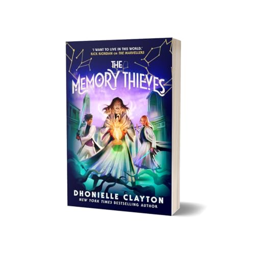 Book cover for The Memory Thieves featuring three characters holding glowing magical objects.