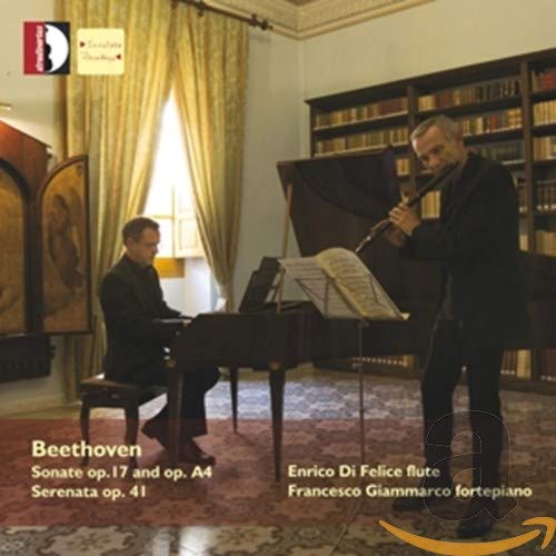 "CD cover showing a pianist and flautist performing in a room with bookshelves."