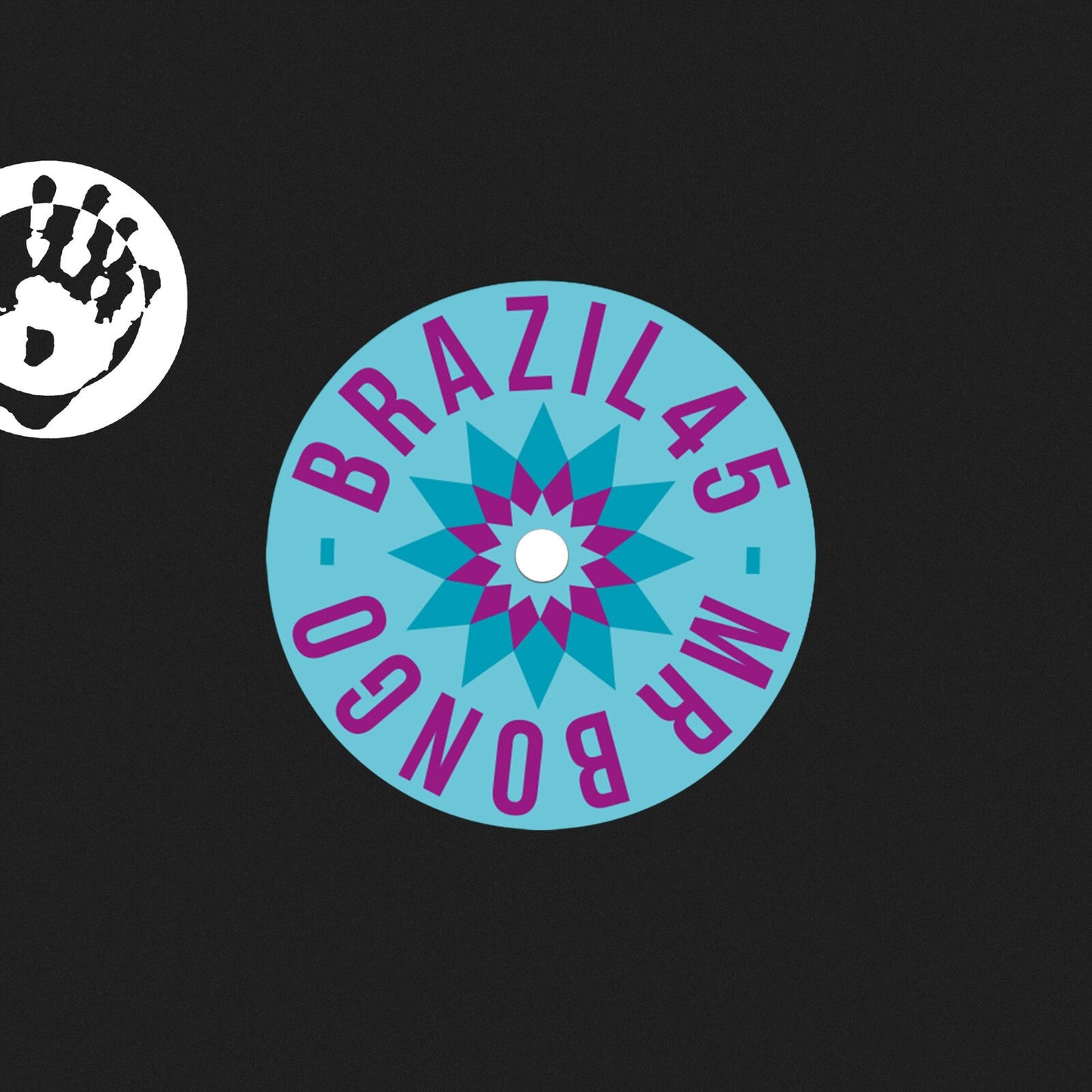 Vinyl record label with a handprint and colorful geometric design.