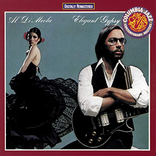 Album cover for Al Di Meola’s “Elegant Gypsy” featuring two people and a guitar.