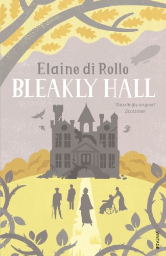 Book cover: illustrated grey manor house with figures in a yellow field.