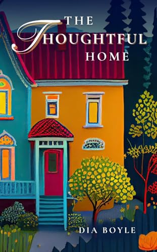 Colorful house with red roof and pink door surrounded by trees and flowers.