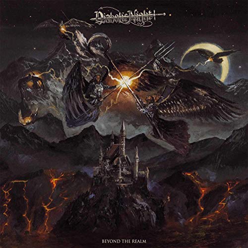 Dark fantasy album cover featuring winged figures and a castle.