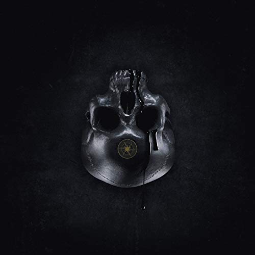 Black vinyl record with a gold logo on a dark background, resembling a skull shape.