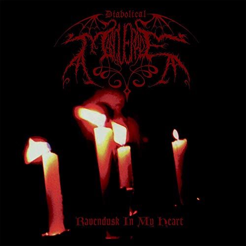 "Vinyl album cover with red text and lit candles on a black background."