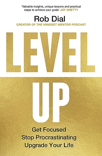 Book cover with gold "LEVEL UP" text and subtitle below.