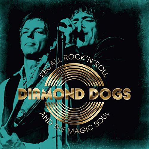 "CD cover with two musicians and gold text 'Diamond Dogs' on a dark background."