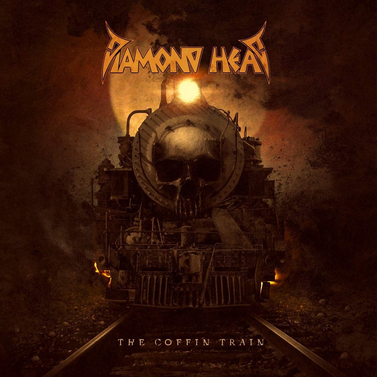 "Album cover featuring a skull-shaped train engine with flames and dark background."
