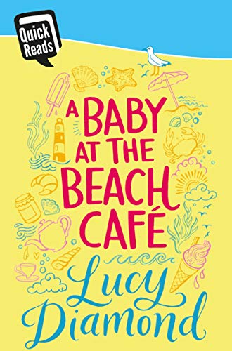 Book cover: "A Baby at the Beach Cafe" with beach-themed illustrations.