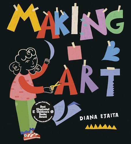 Book cover showing a girl cutting out letters against a black background.