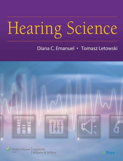 Book cover for "Hearing Science" with waveform image and icons.