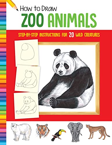 Book cover with drawing tutorial for zoo animals, including a panda.
