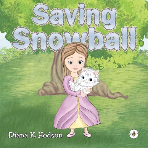 Book cover: girl holding a white kitten in a green landscape.