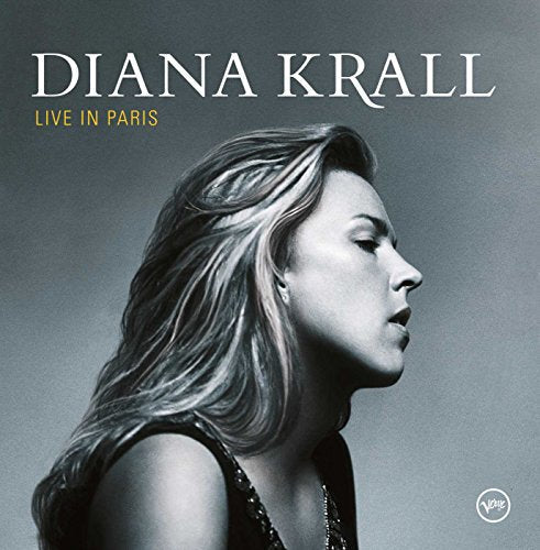 Diana Krall album cover, black and white portrait, "Live In Paris.