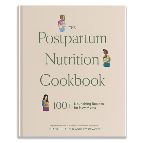 Cookbook cover with illustrations of mothers and babies, titled "The Postpartum Nutrition Cookbook".