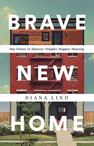 Book cover with text overlaying a red brick and blue house facade.