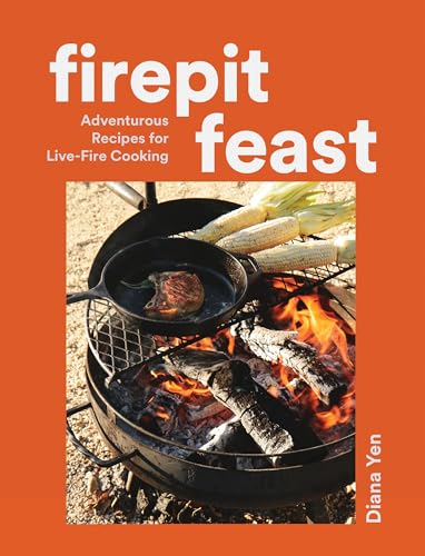 Cookbook cover with firepit, food cooking on grill, and orange background.