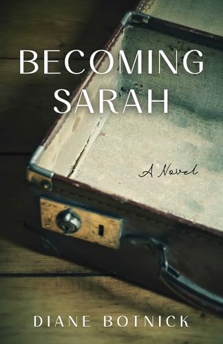 Book cover: "Becoming Sarah" with an image of a vintage suitcase.
