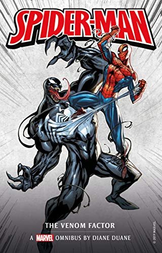 Spider-Man fighting Venom on a book cover with the title The Venom Factor.