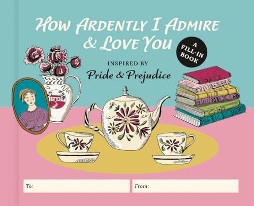 Book cover with floral teapot, teacups, a portrait, and stacked books on pink background.