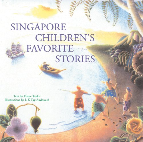 Book cover: "Singapore Children's Favorite Stories" with coastal illustration.