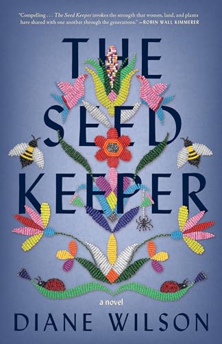 Book cover: “The Seed Keeper” with floral and insect beadwork design.