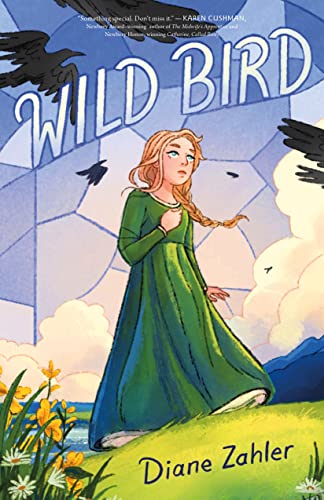 Book cover: girl in green dress, birds flying, illustrated style.
