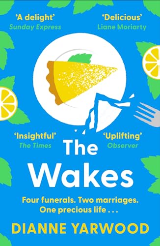 Book cover: blue background, slice of lemon pie, and white text reading "The Wakes".