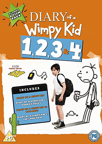 DVD cover for "Diary of a Wimpy Kid 1, 2, 3 & 4" featuring a boy.