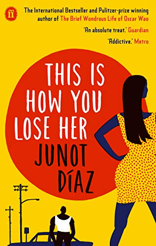 Book cover: red circle, woman’s back, man facing a yellow car.