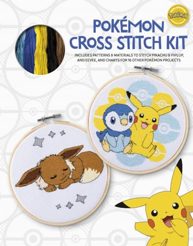 Product box for a Pokémon cross stitch kit featuring Pikachu, Piplup, and Eevee designs.