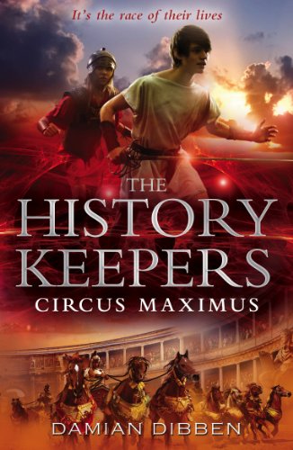 Book cover: two boys, horses, and a Roman coliseum in fiery background.