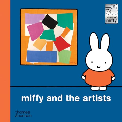 Miffy stands next to a colorful abstract artwork on a blue wall.