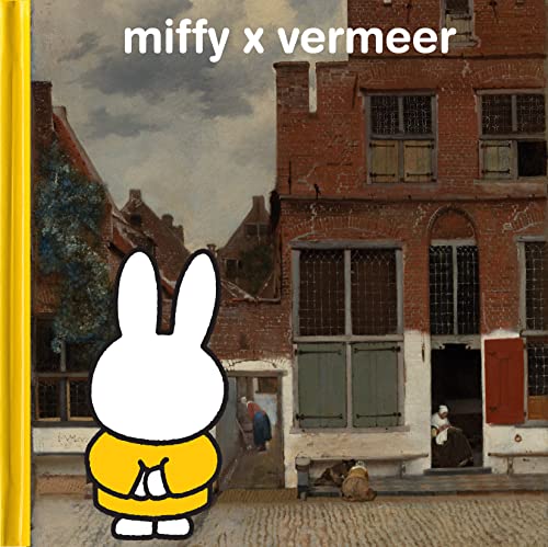 Miffy in a yellow shirt stands before Vermeer's painting The Little Street.