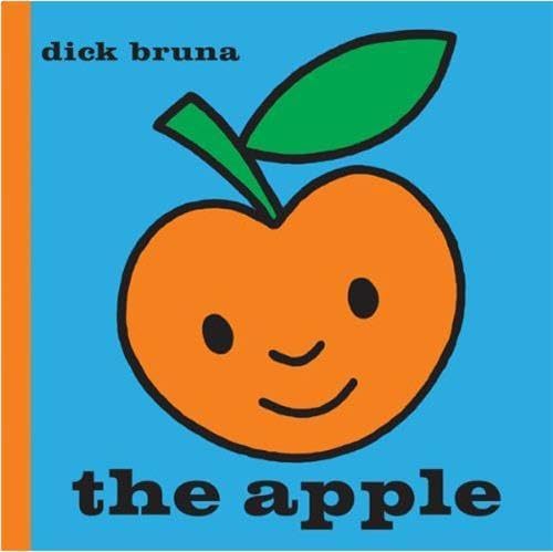 Orange apple with green leaf and smiling face on a blue background.