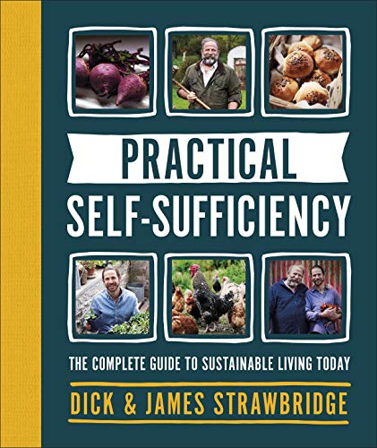 Book cover featuring food, people, and chickens, titled "Practical Self-Sufficiency".