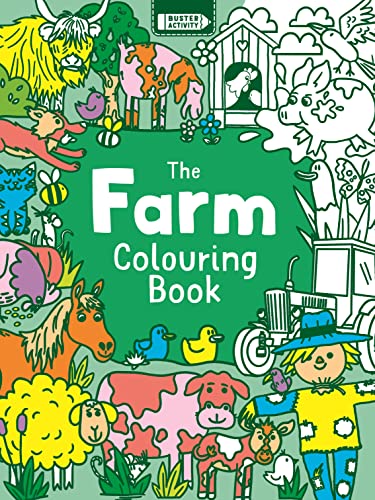 Colouring book cover with colourful farm animals and a tractor illustration.