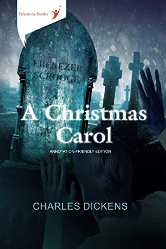Book cover for “A Christmas Carol” with a graveyard scene.