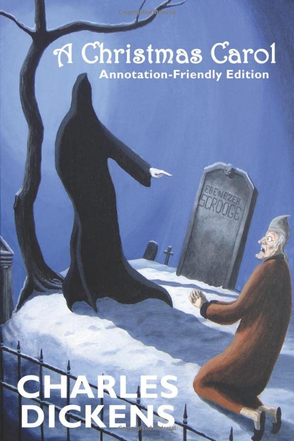 Book cover: "A Christmas Carol" by Charles Dickens, with snowy graveyard scene.