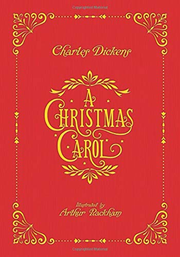 Red book cover with ornate gold lettering: “A Christmas Carol” by Charles Dickens.
