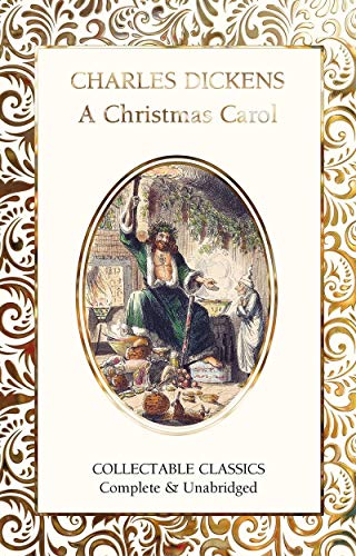 Cover of “A Christmas Carol” with vintage illustration and ornate gold border.