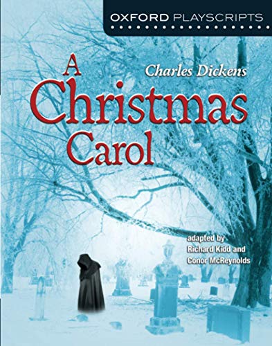 Cover of "A Christmas Carol" playscript with a snowy graveyard scene.