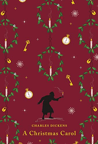 Book cover for "A Christmas Carol" with festive illustrations and silhouette.