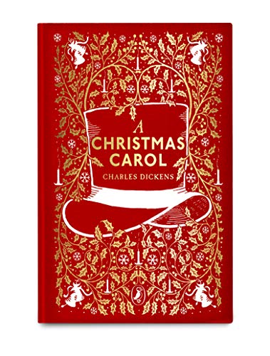 Red clothbound book cover for “A Christmas Carol” with gold illustrations.