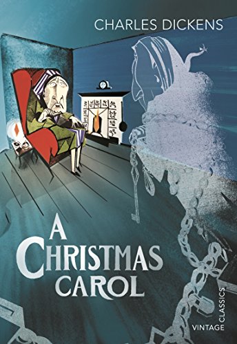 Scrooge sits in a chair while a ghostly figure appears in this book cover.
