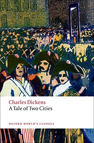Book cover showing a guillotine and people in hats with text A Tale of Two Cities.