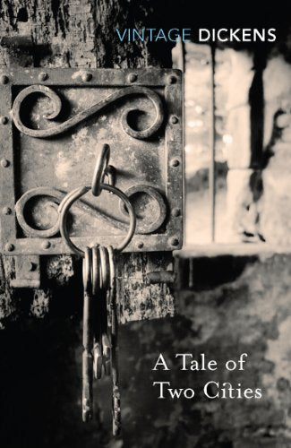 Book cover: "A Tale of Two Cities" with a vintage keyhole image.